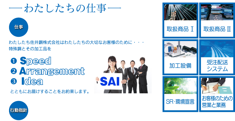 「わたしたちの仕事」わたしたち佐井鋼株式会社はわたしたちの大切なお客様のために・・・
    特殊鋼とその加工品を1.speed2.arrangement3.ideaとともにお届けすることをお約束します